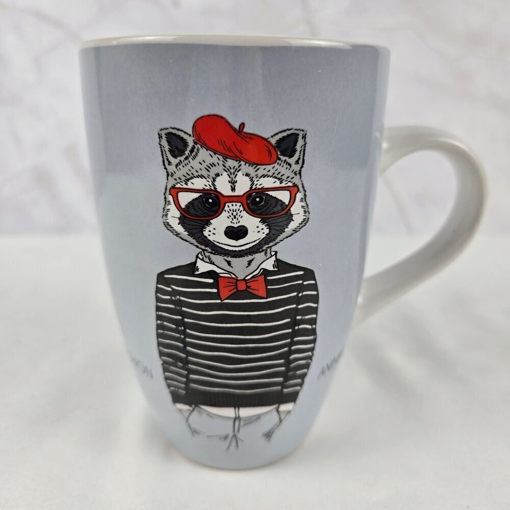 Gray White Ceramic Coffee/Tea Mug Raccoon Wearing Red Glasses Beret French